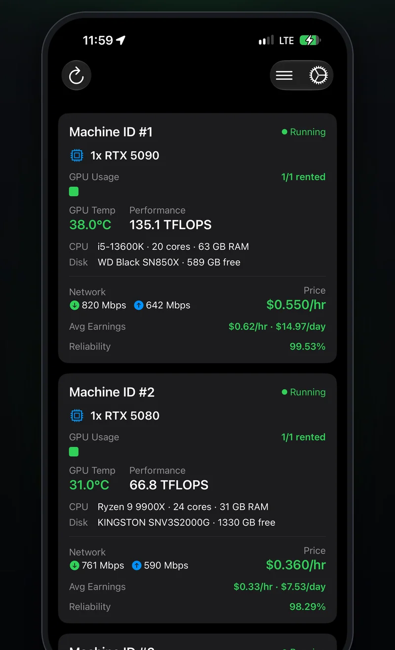 Fleet GPU dashboard showing two running machines with GPU temperature, TFLOPS, CPU, disk, network, price, average earnings and reliability
