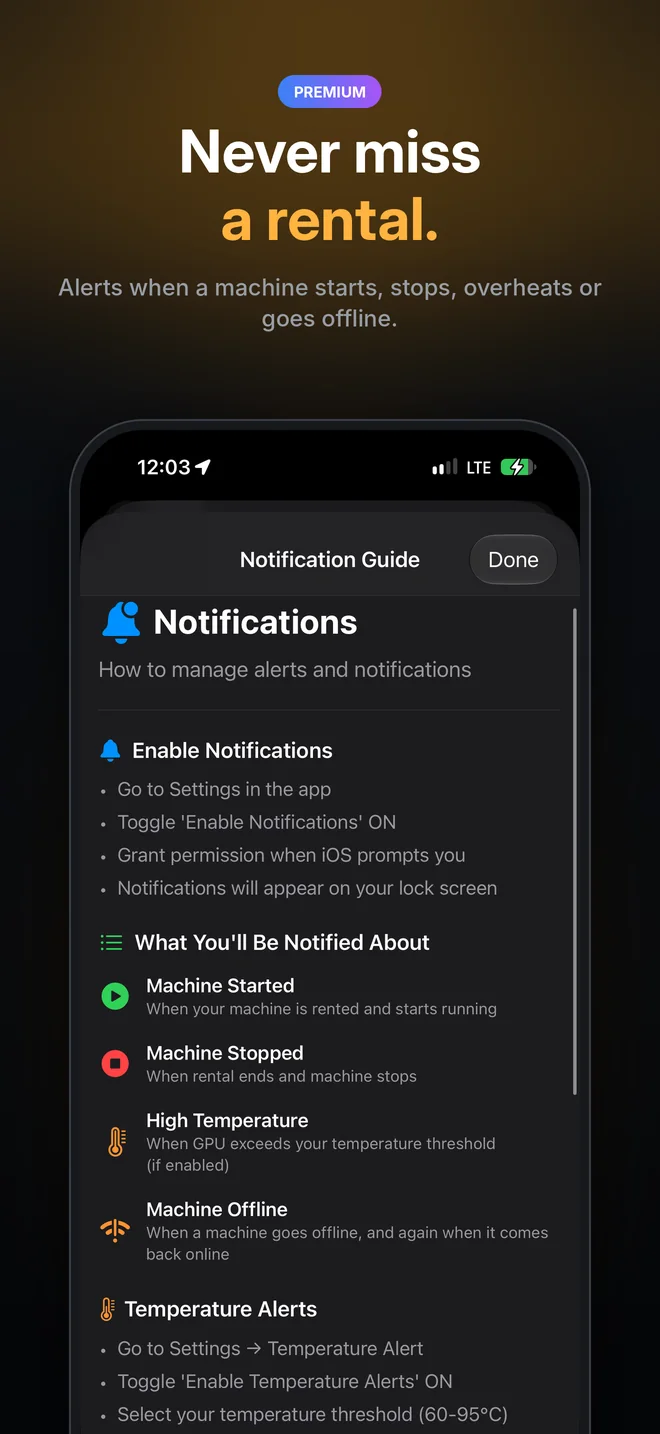 Premium alerts when a machine starts, stops, overheats or goes offline