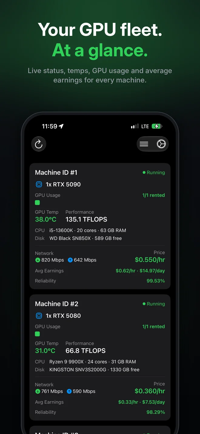 Your GPU fleet at a glance: live status, temperatures, GPU usage and average earnings for every machine