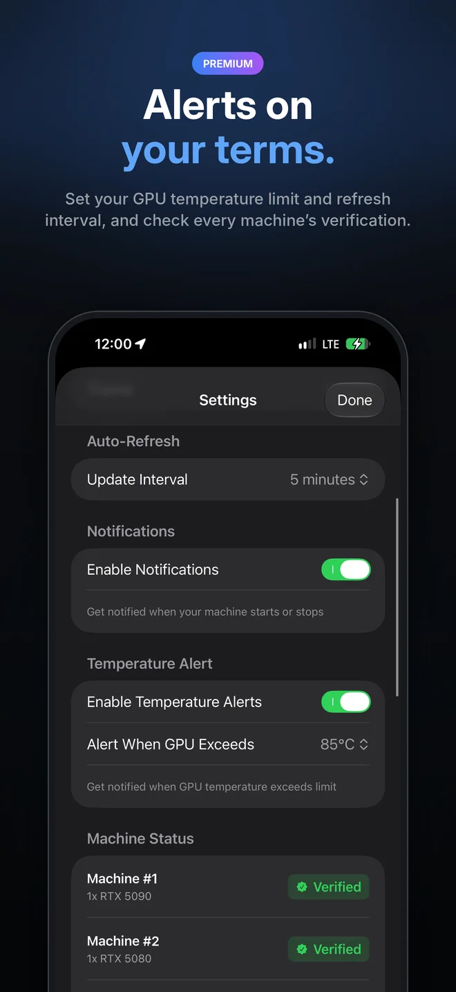 Settings for update interval, notifications, GPU temperature limit and machine verification status