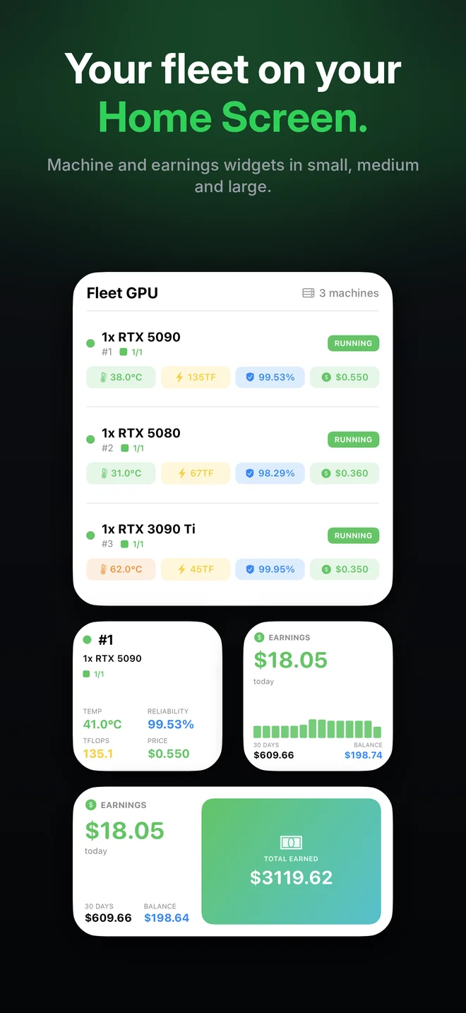 Machine and earnings Home Screen widgets in small, medium and large sizes